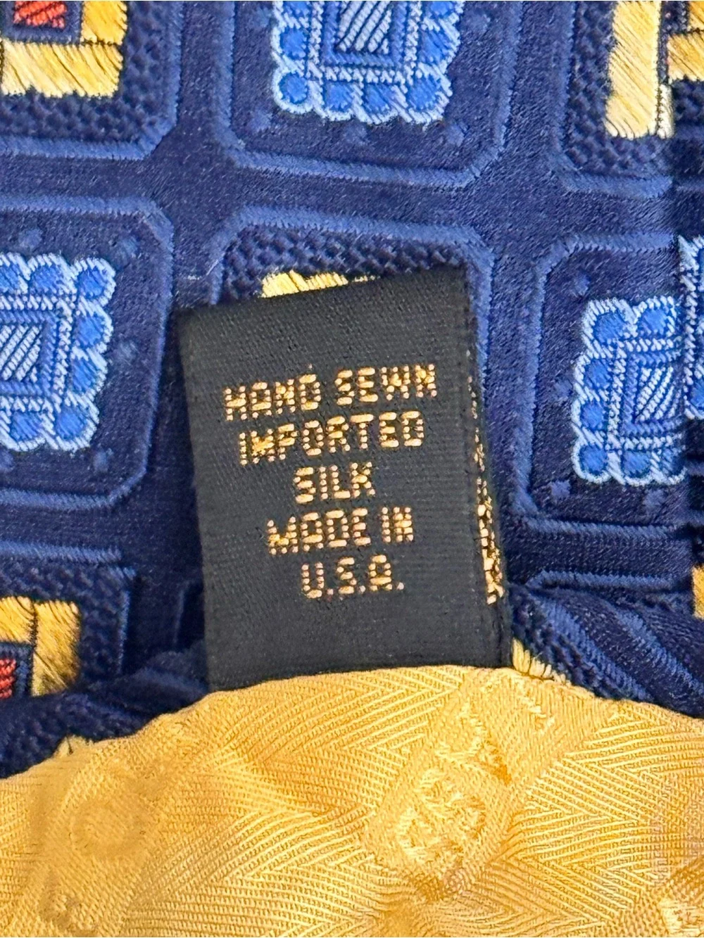 Robert Talbott Men’s Necktie XL Navy Silk Tie Blue & Yellow Geometric Squares